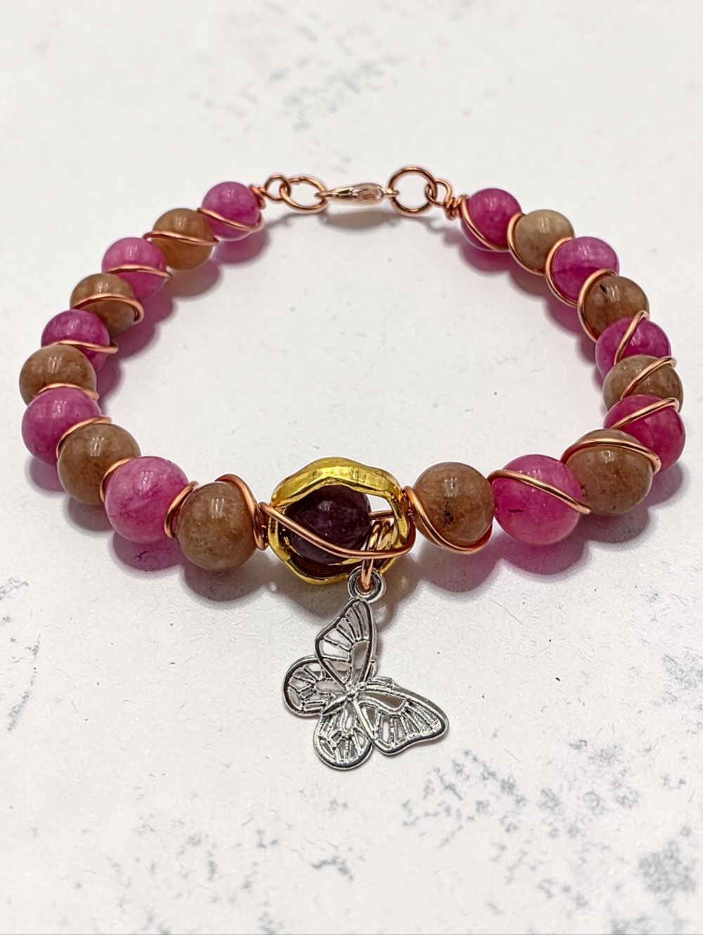 Handmade Wire-Wrapped Pink & Tan Beaded Bracelet Butterfly Charm Jewelry